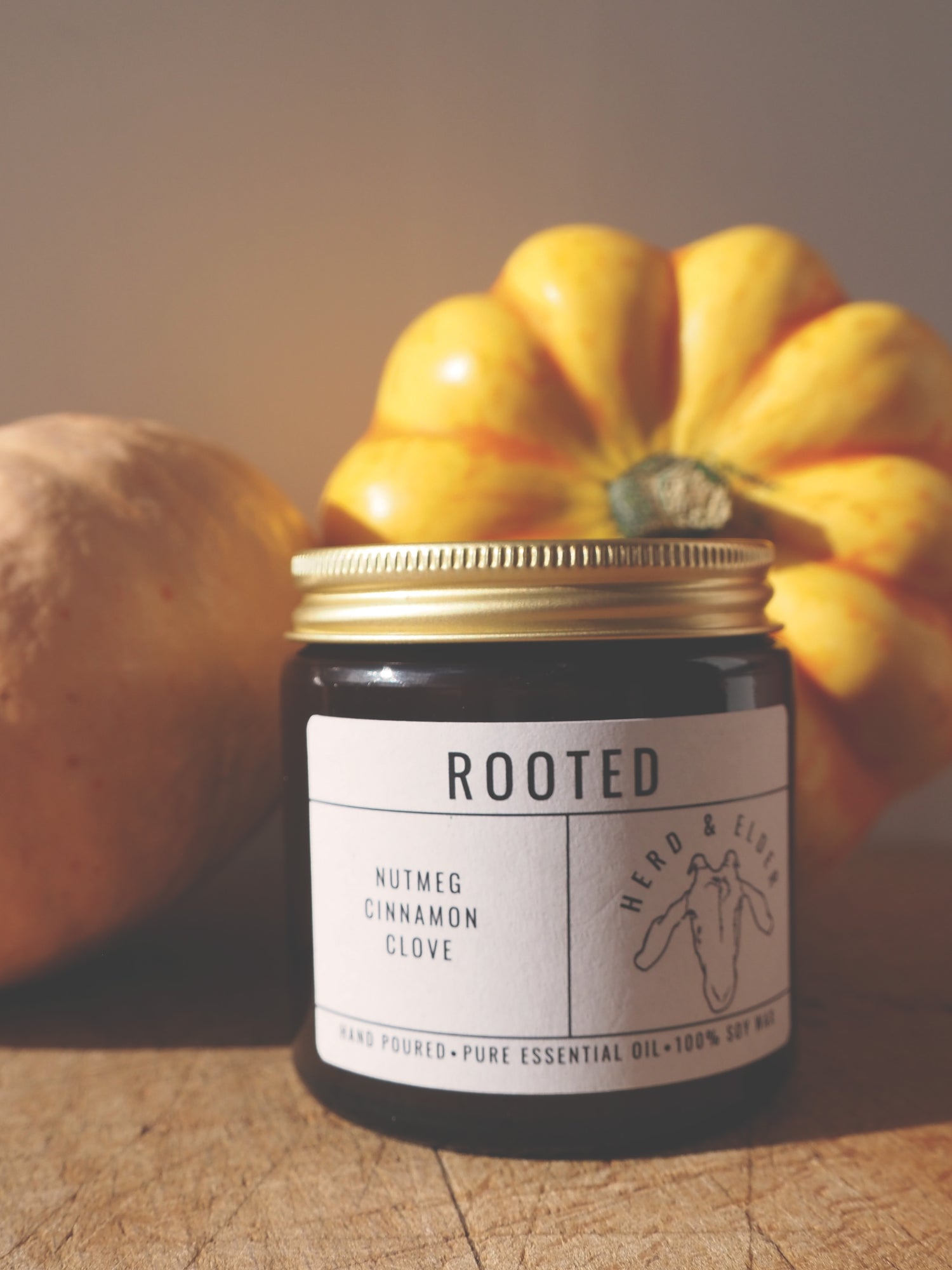 Rooted – Pumpkin Spice Inspired Candle with Essential Oils | Autumn & Christmas Scent, featuring nutmeg, cinnamon, and clove.
