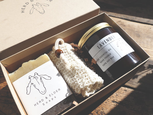 GIFT SET - Essential Oil Candle & Goat Milk Soap - Choose Your Own, eco-friendly artisan products in a box.