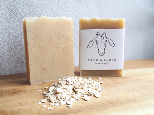 Goat and Oat Milk Soap bar with oats, gentle and nourishing for sensitive skin, crafted by Herd & Elder Soaps.