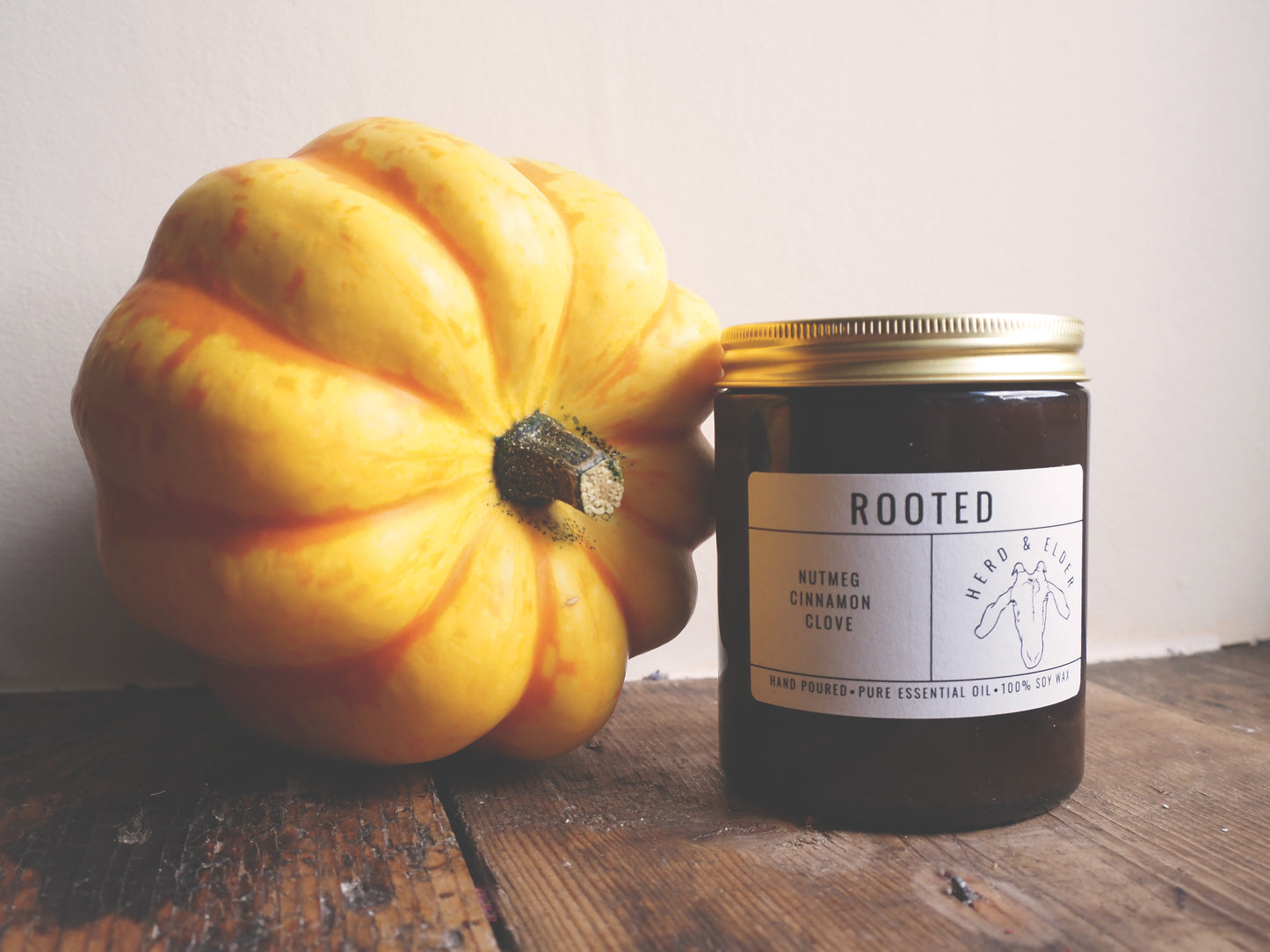 Rooted – Pumpkin Spice Inspired Candle with Essential Oils | Autumn & Christmas Scent next to yellow pumpkin on wooden surface.