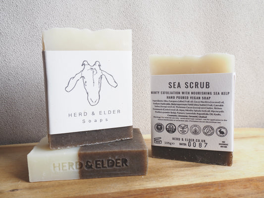 Sea Scrub vegan soap with spearmint and sea kelp, promoting invigorating cleanse and exfoliation.