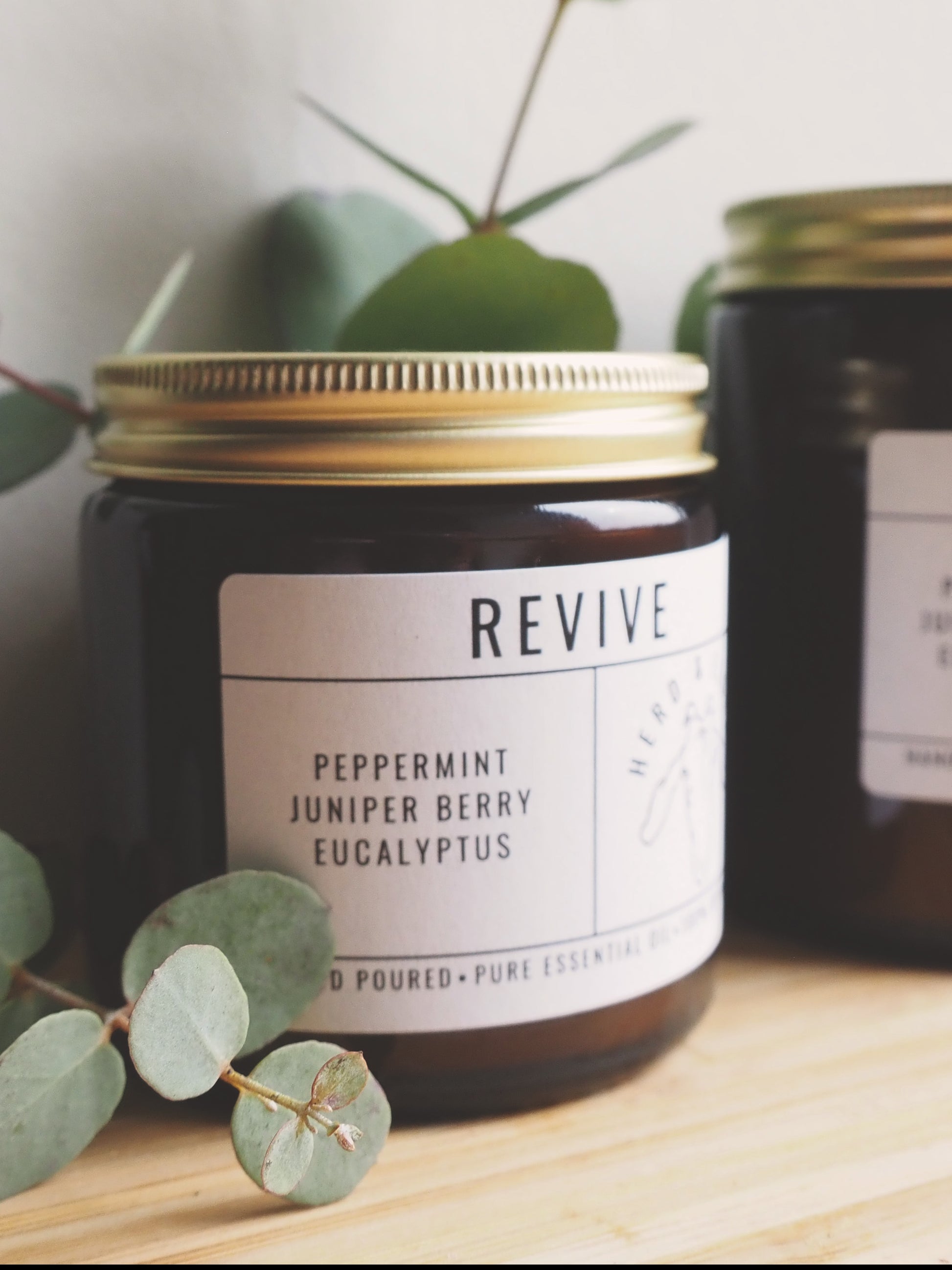 Revive - Essential Oil Eucalyptus candle with Peppermint and Juniper Berry on a wooden surface.