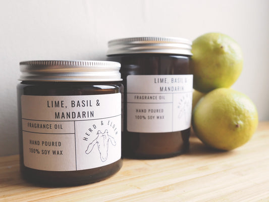 Lime Basil and Mandarin Soy Wax Candle and fragrance oil on wood surface with limes, fresh and aromatic scent.