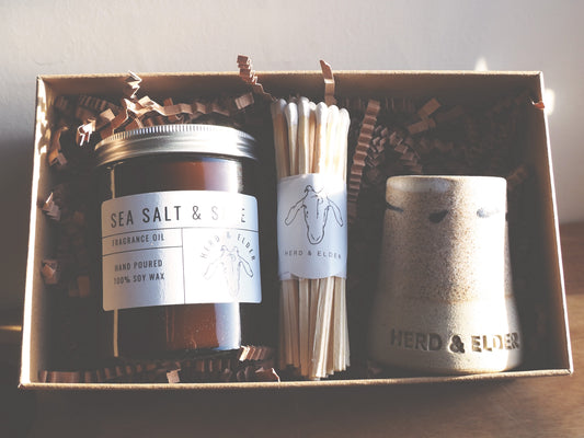 Gift Box - Fragrance Oil Soy Candle & Match Pot Gift Set - White Glazed Pot
