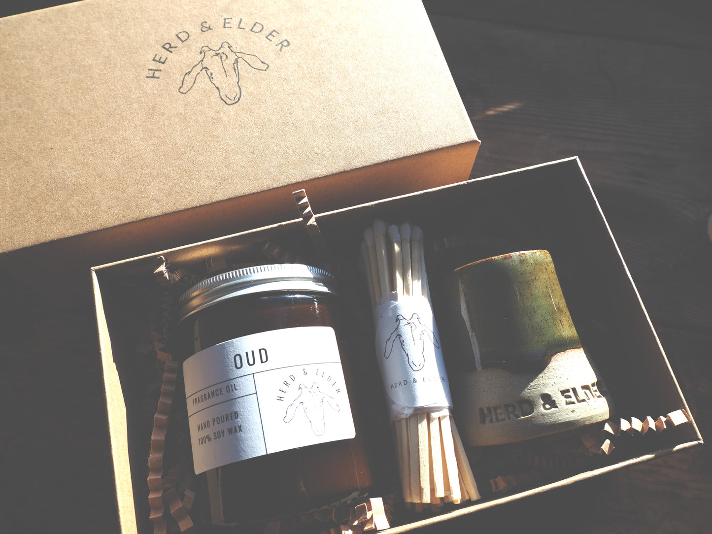 Gift Set - Candle & Match Striker Pot - Green / Brown Glazed Pot