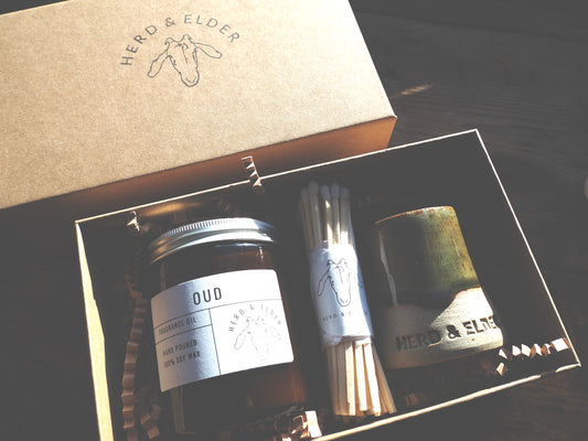 Gift Set - Fragrance Oil Candle & Match Striker Pot - Green / Brown Glazed Pot