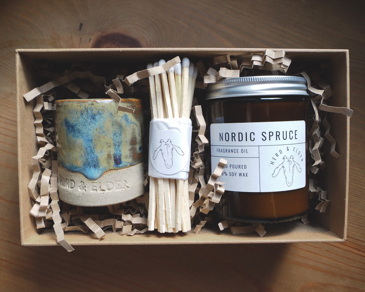 Candle Gift Set - Fragrance Oil Candle & BLUE Match Striker Pot