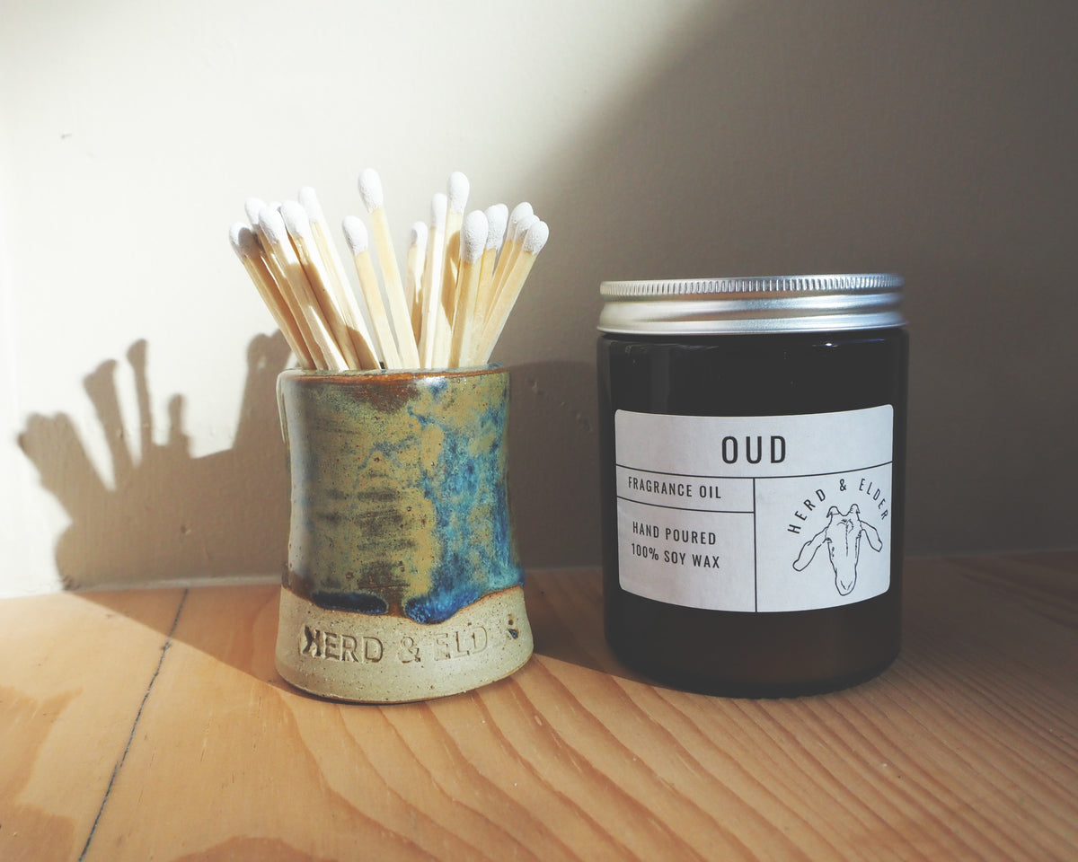 Candle Gift Set - Fragrance Oil Candle & BLUE Match Striker Pot