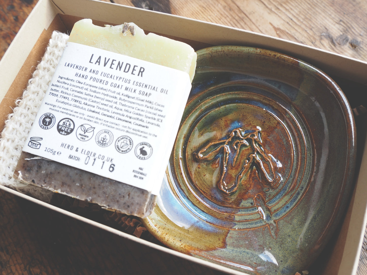 Gift set featuring handcrafted stoneware soap dish and lavender goat's milk soap, beautifully boxed.